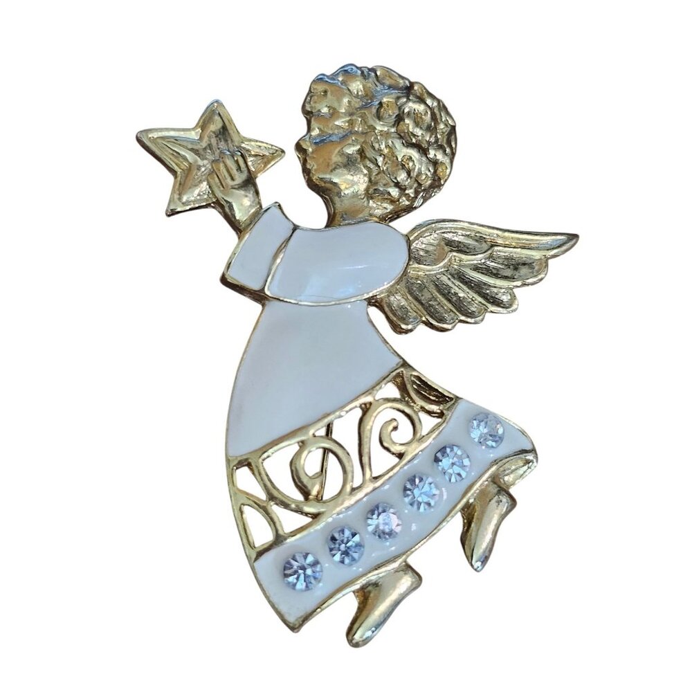 Vintage Signed SFJ Christmas Holiday Angel Star Statement Pin Enamel
